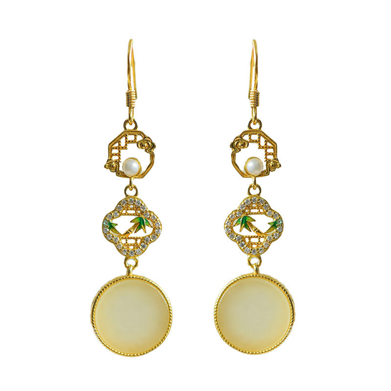 Gold Art Certified Hetian Jade Earrings with Gold Plated Pearl, Bamboo and Traditional Chinese Check Pattern Design | Perfect for Daily Wear and Gifting