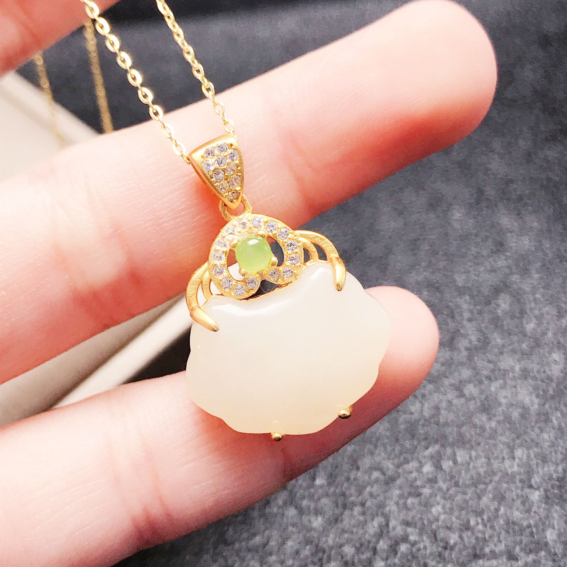 Gold Art Hetian Jade Longevity Lock Necklace, Gold Plated and Cubic Zirconia - Perfect for Everyday Wear, Events and Gifts
