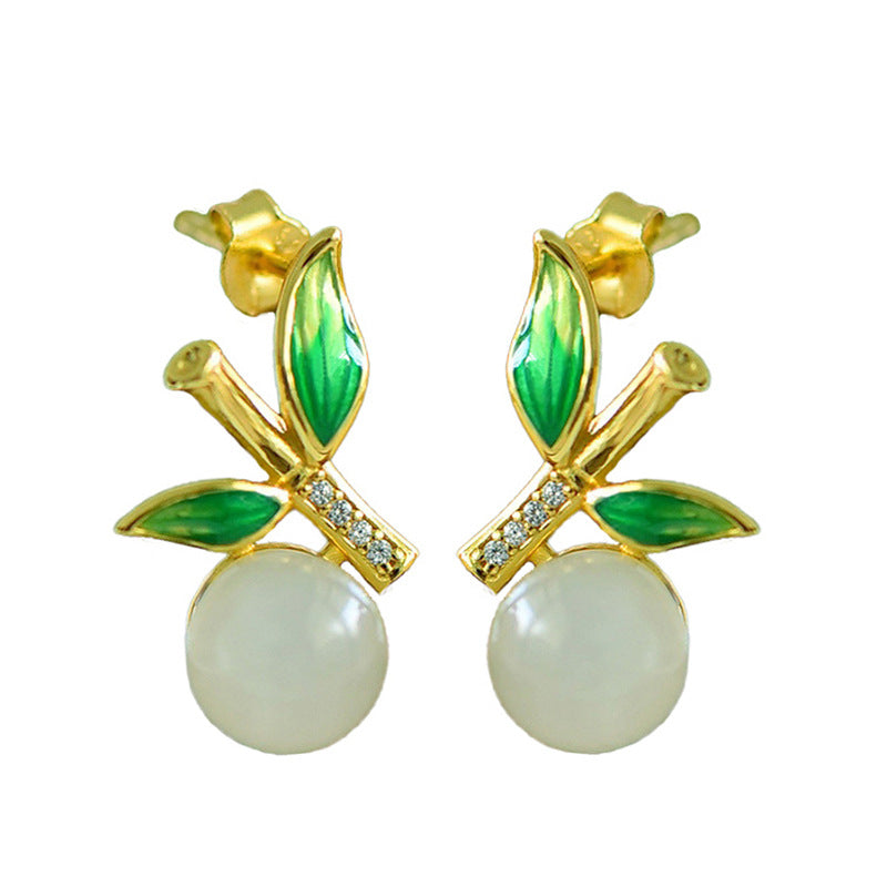 Gold Art Gold-plated Hetian jade stud earrings, certified enamel bamboo pattern + diamond details | Perfect for everyday elegant wear, cultural gifts and events