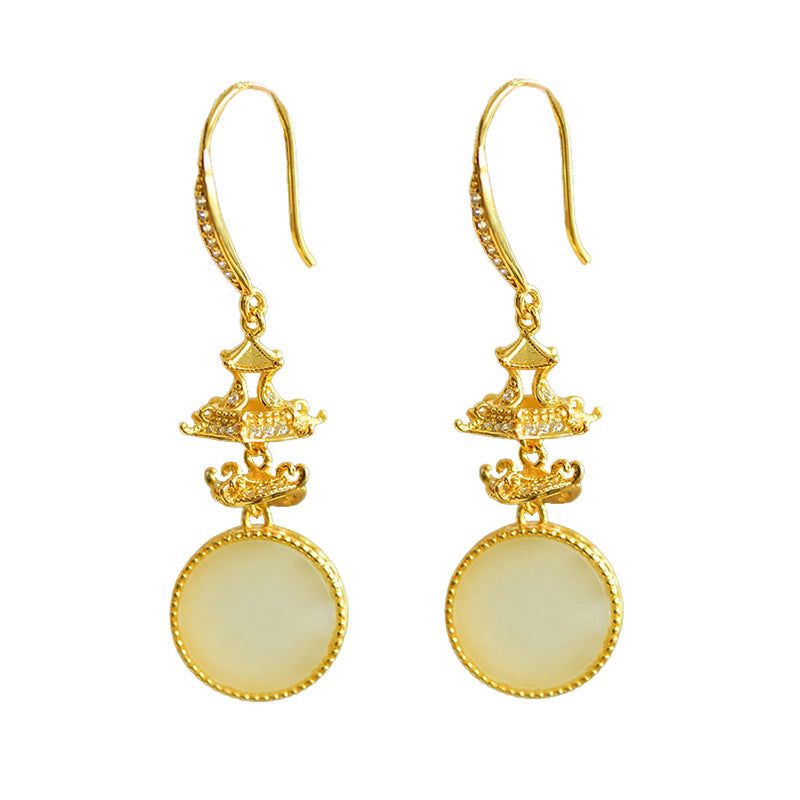 Gold Art Gold Plated Pagoda Pattern Hetian Jade Earrings - Certified for Daily Wear and Gift Giving