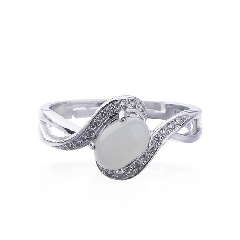 Gold Art With identification certificate | 925 sterling silver and Hetian jade open ring  Curved diamond design full of sense | Daily / gift / commuting all-round adaptation Natural jade + silver support color preservation Elegant and high-end feeling