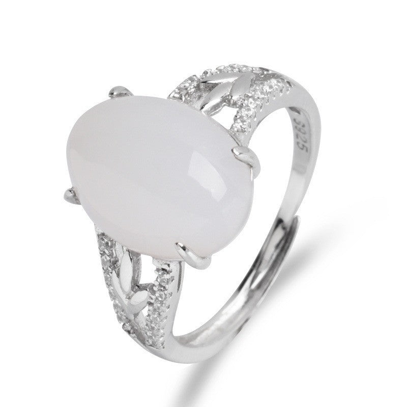 Gold Art With certificate of authenticity | 925 sterling silver and Hetian jade ring  0Arrow-shaped diamond-set large egg-shaped design | Suitable for daily use / banquets / gifts Natural jade + light luxury texture Elegant and high-end
