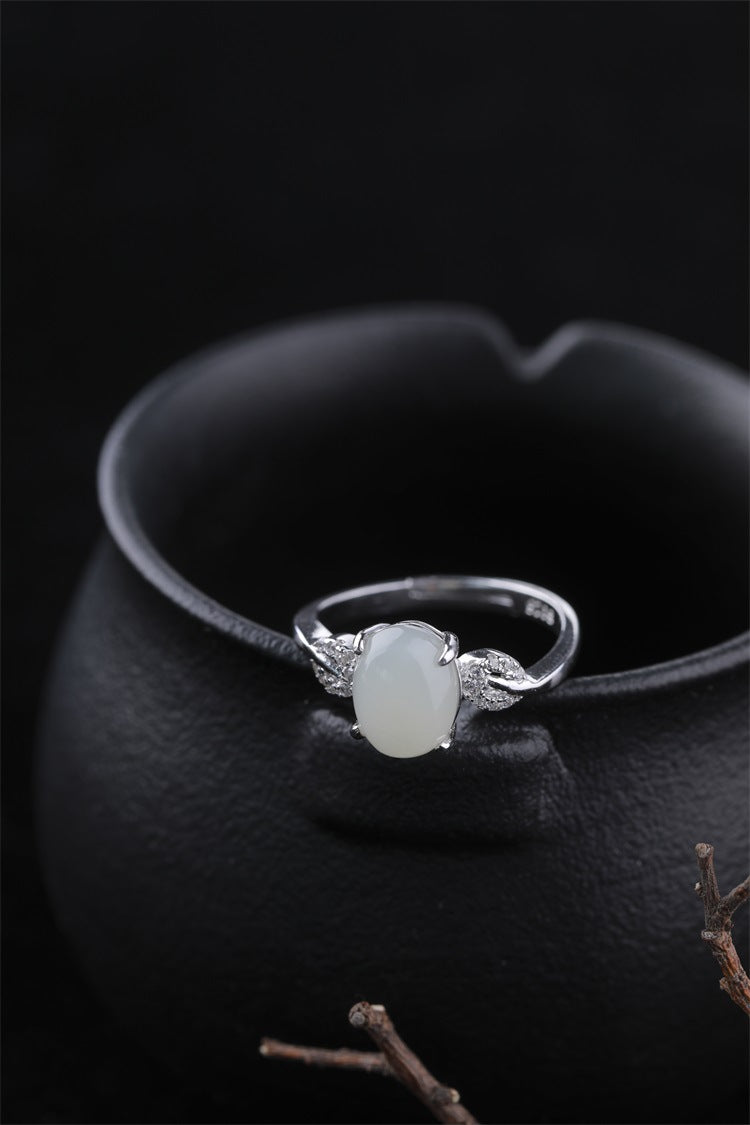 Gold Art With identification certificate｜925 sterling silver and Hetian jade open ring Smart diamond design｜Suitable for daily life / gift giving / commuting Natural jade + silver support to preserve color Elegant and high-end feeling