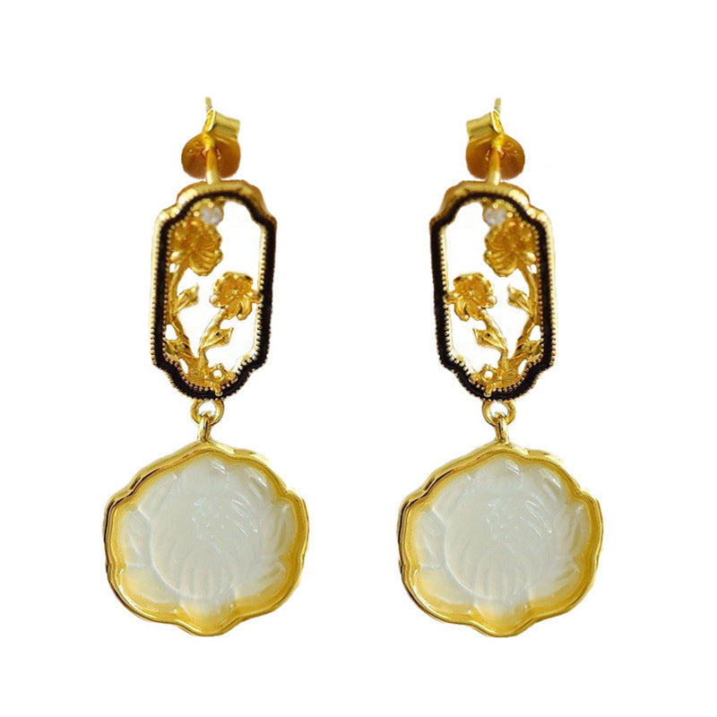 Gold Art  Certified Natural Hetian Jade Earrings - Gold Plated Carved Lotus Design, Decorated with Floral Patterns, Suitable for Daily Wear and Gift Giving