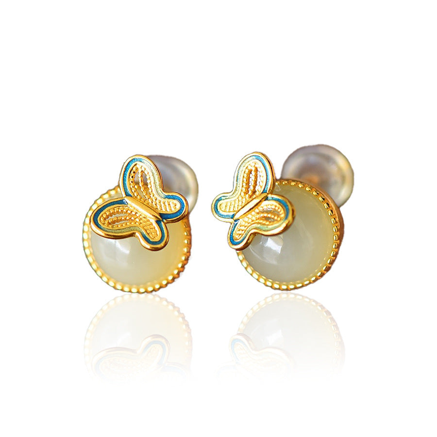 Gold Art Certified Hetian White Jade Enamel Butterfly Stud Earrings in 925 Silver Gold-Plating – Perfect for Everyday Style & Gifting