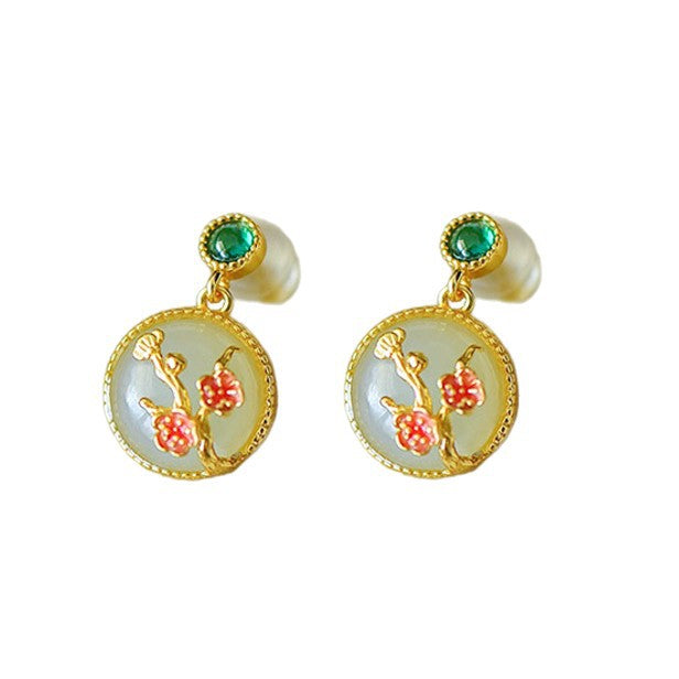 Gold Art Certified Hetian white jade stud earrings, gold plated 925 silver, plum blossom pattern, suitable for daily wear and special occasions