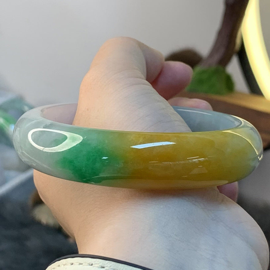 Gold Art With identification certificate | Burmese tri-color jadeite bracelet  Natural jade gradient three colors | Suitable for daily use / banquets / gifts. Wear "Spring Mountain Autumn Sun" on your wrist