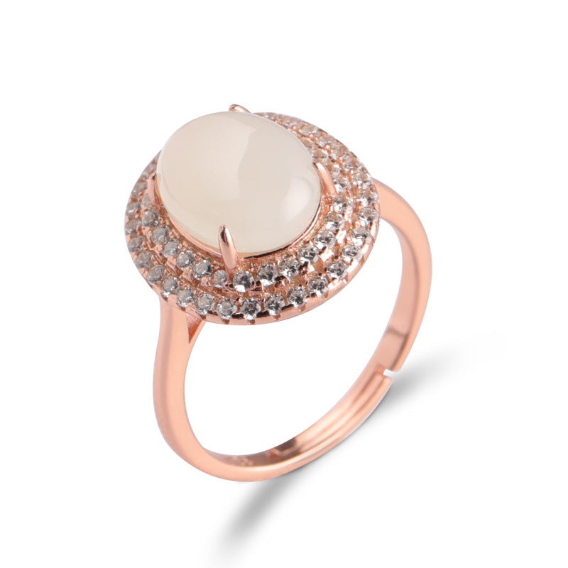 Gold Art With identification certificate｜925 sterling silver plated with rose gold and Hetian jade ring Double-layer diamond-studded oval egg-shaped design Natural jade light luxury texture Elegant and high-end