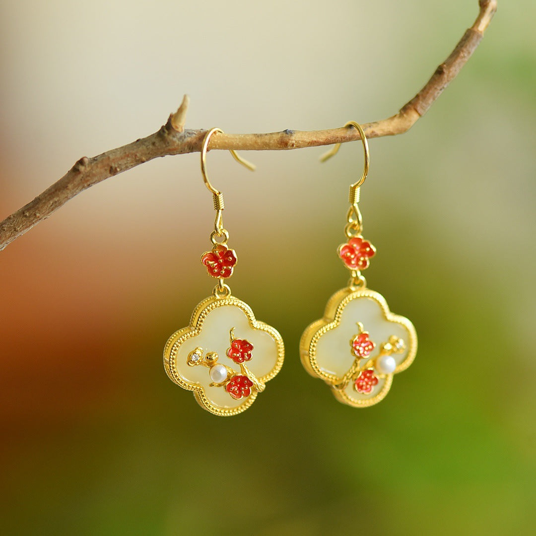 Gold Art Vintage Chinese style Hetian jade earrings - 925 silver gold plated, enamel bamboo, pearls and certified, suitable for daily and special occasions