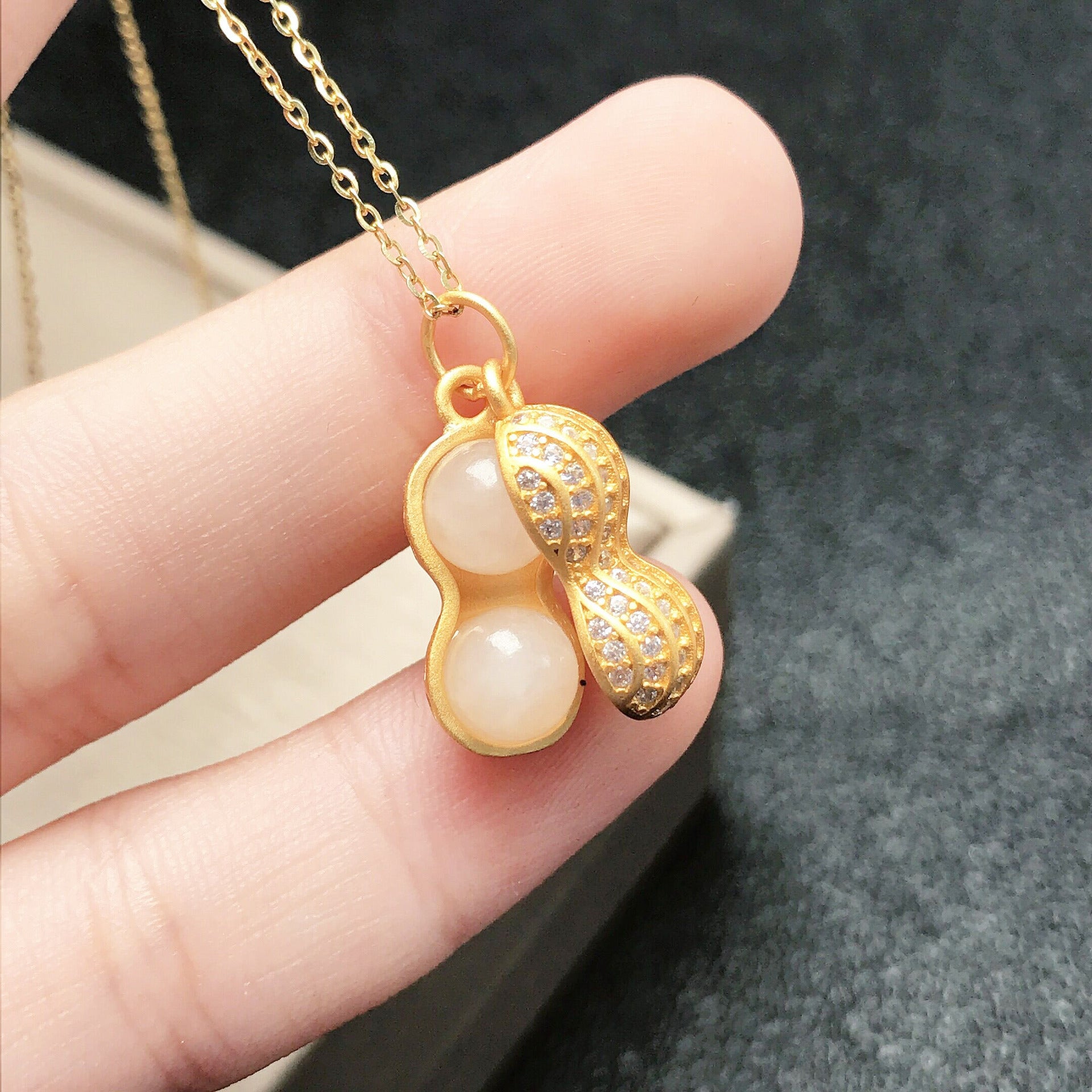 Gold Art Dainty Gold-Plated Hetian Jade Peanut Pendant – CZ-Studded for Daily Style & Gift Giving
