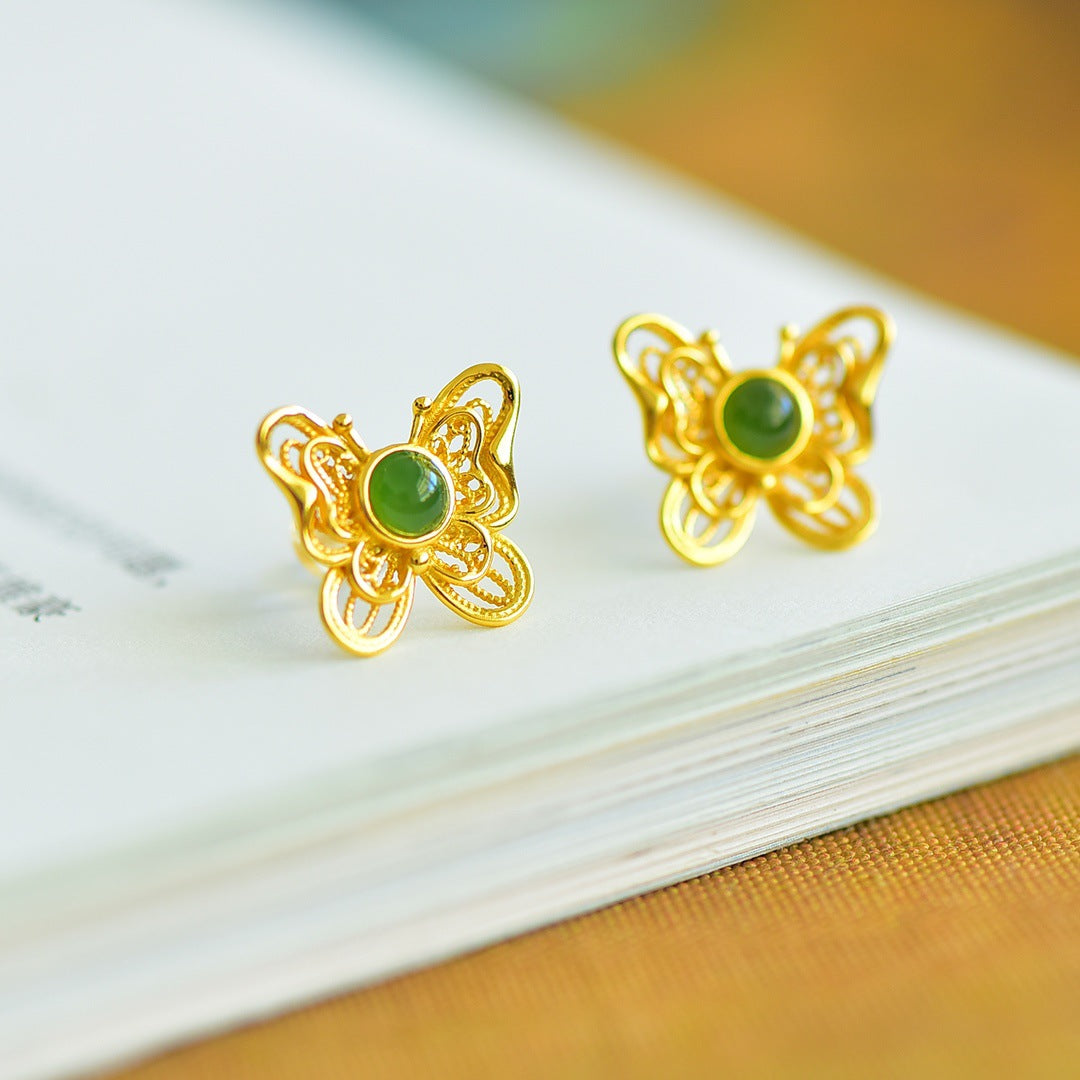 Gold Art Certified natural green jade butterfly stud earrings Gold plated artisan design | Elegant and chic, perfect for everyday wear, gift giving and special occasions