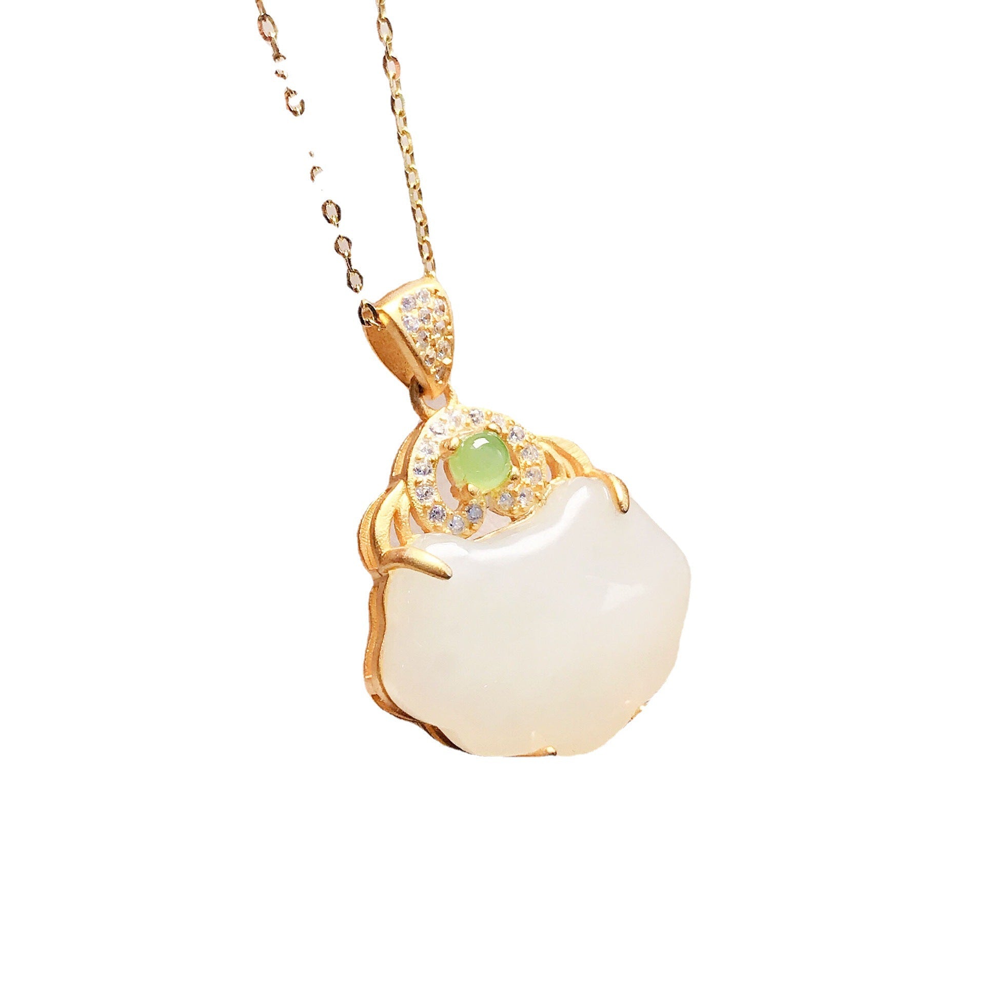 Gold Art Hetian Jade Longevity Lock Necklace, Gold Plated and Cubic Zirconia - Perfect for Everyday Wear, Events and Gifts