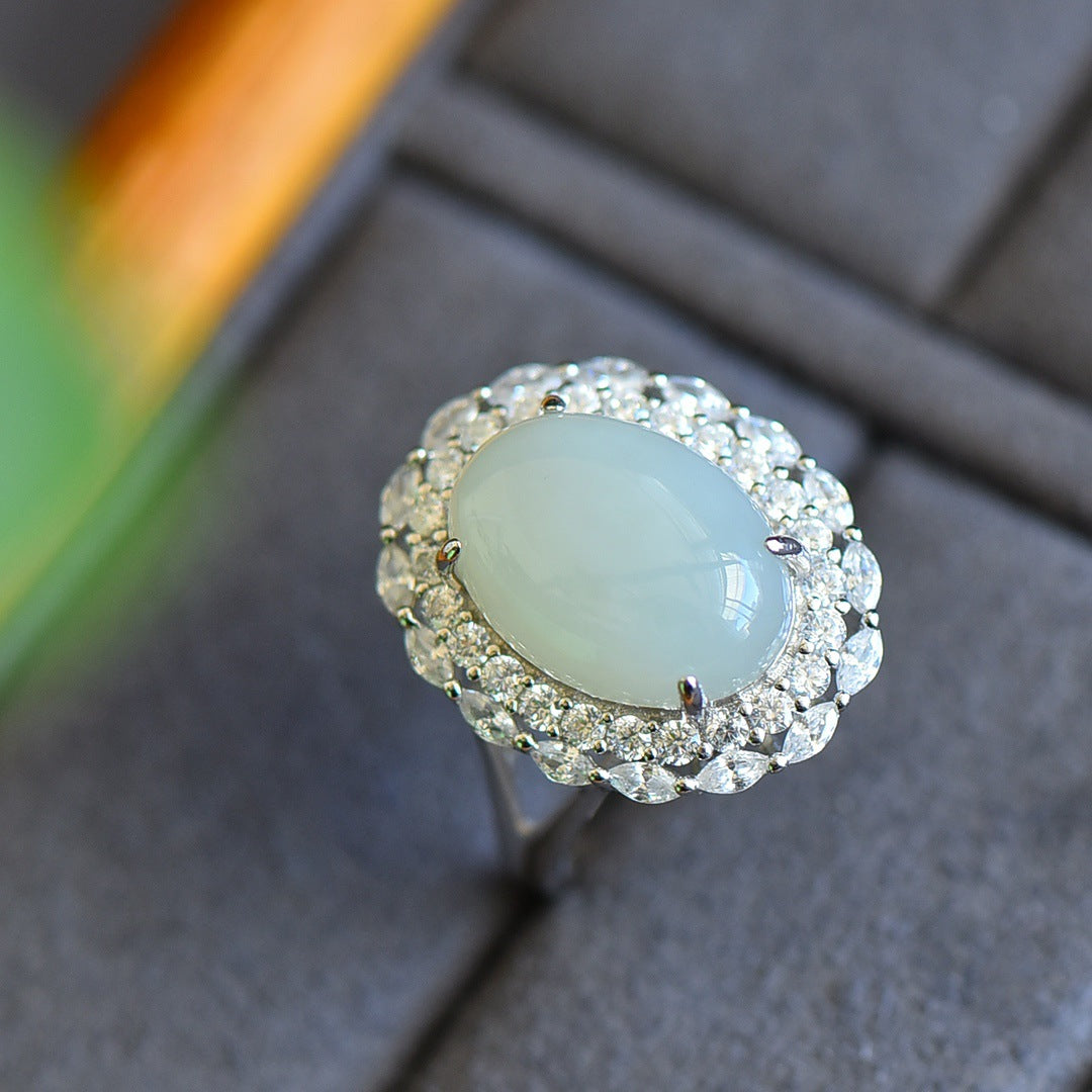 Gold Art 925 sterling silver Hetian jade egg-shaped ring | with identification certificate Full of design sense, suitable for daily life/gift/party and other occasions, exquisite and elegant jade ring