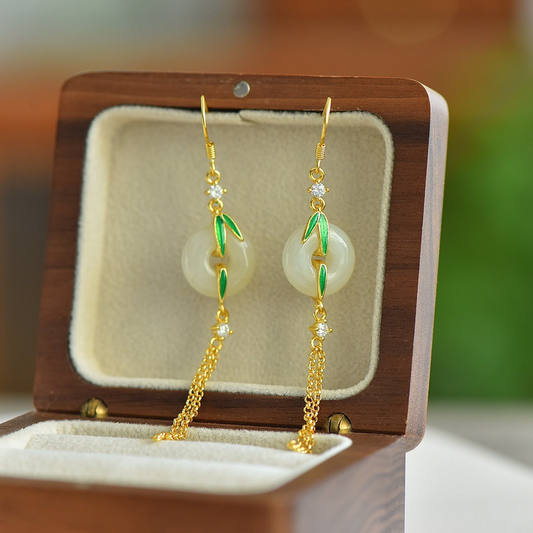 Gold Art Exquisite Gold Plated 925 Silver Hetian Jade Earrings - Bamboo, Tassel and Certified, Suitable for Daily Wear and Gift Giving