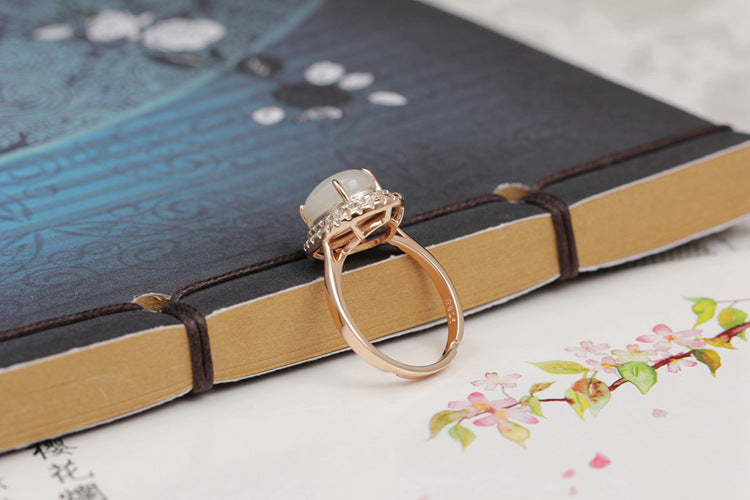Gold Art With identification certificate｜925 sterling silver plated with rose gold and Hetian jade ring Double-layer diamond-studded oval egg-shaped design Natural jade light luxury texture Elegant and high-end