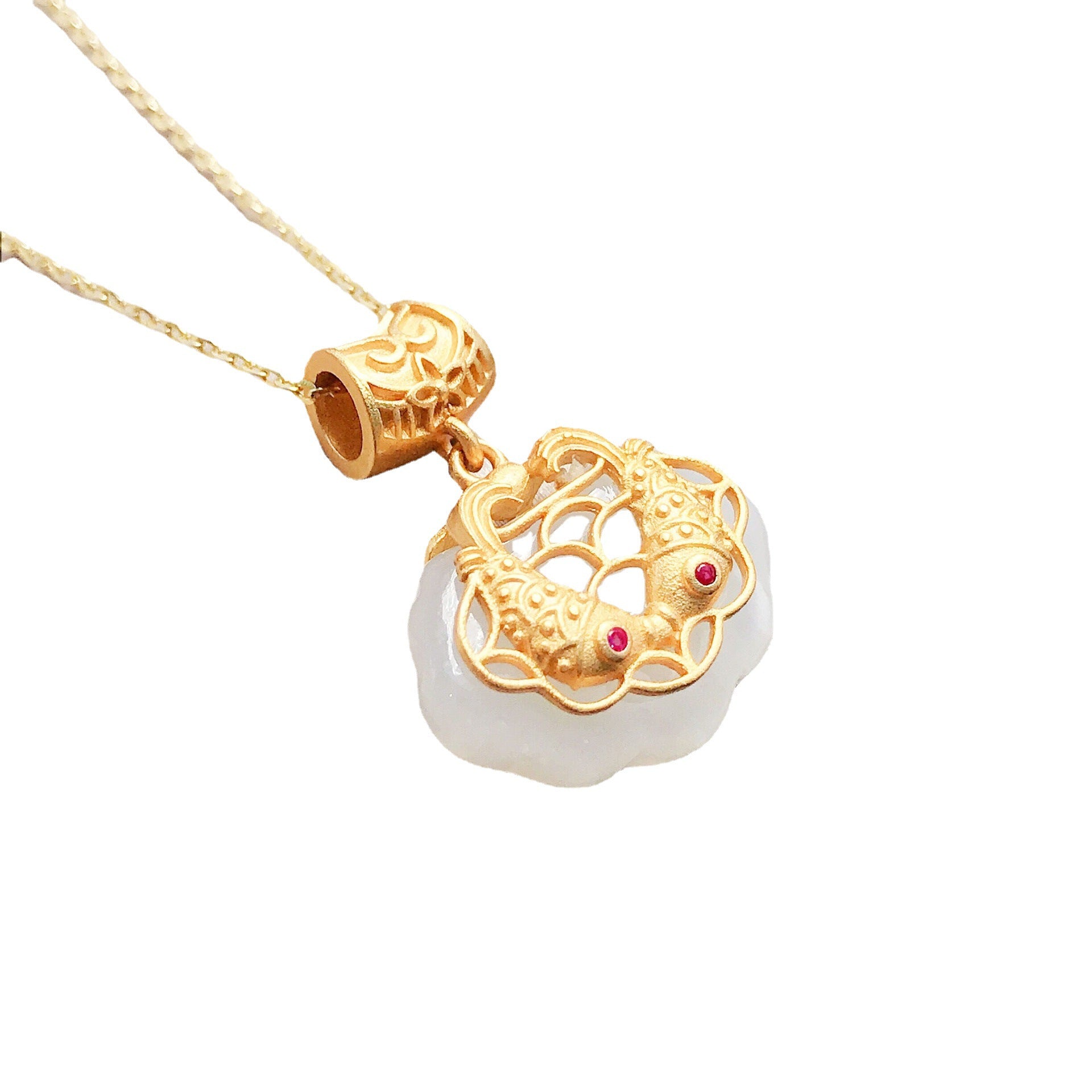 Gold Art Gold-Plated Hetian Jade Longevity Lock Necklace with Double Fish & Ruby Accents – Ideal for Daily Wear & Gifting