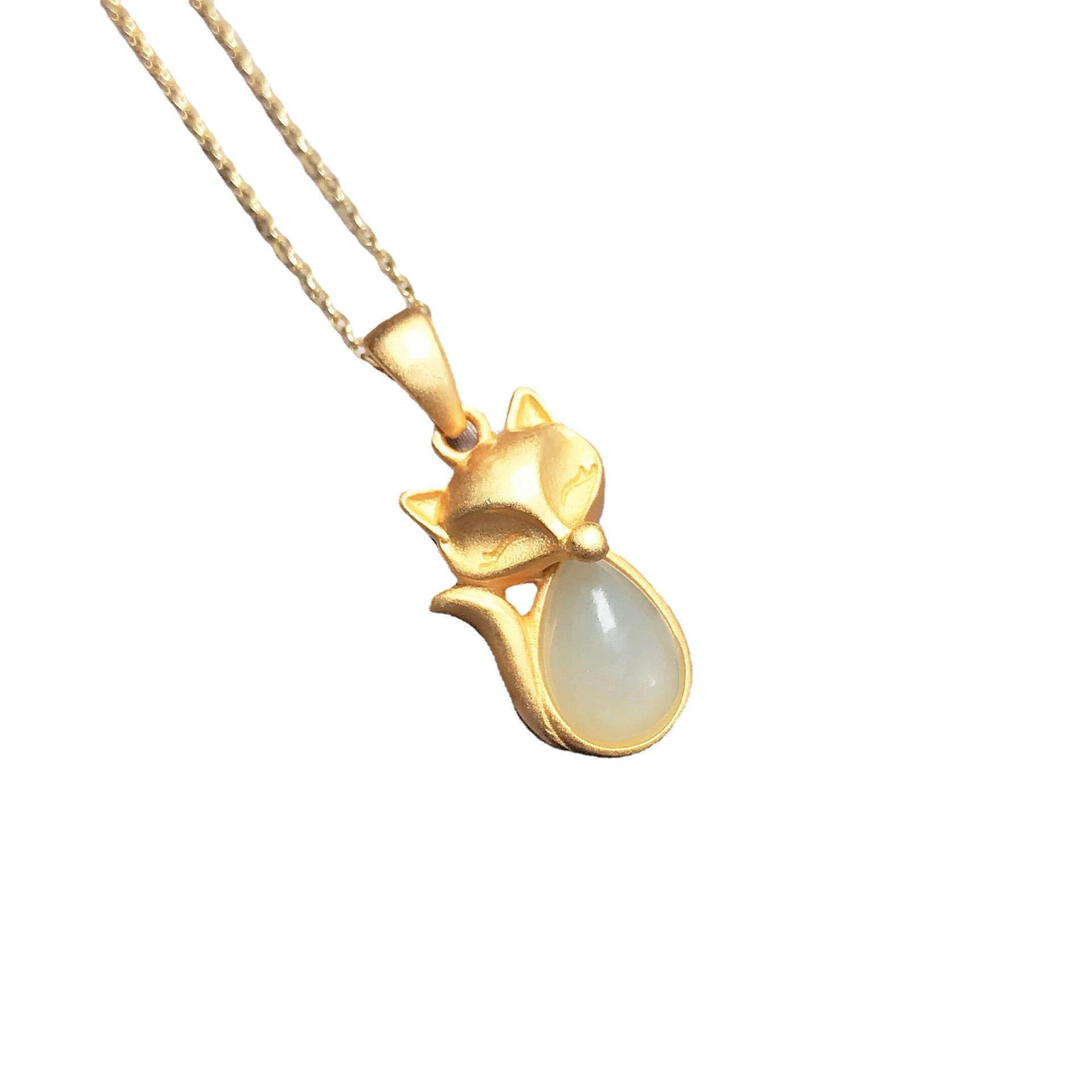 Gold Art Exquisite gold-plated Hetian jade fox pendant - teardrop-shaped jade embellishment, suitable for daily wear and gift giving
