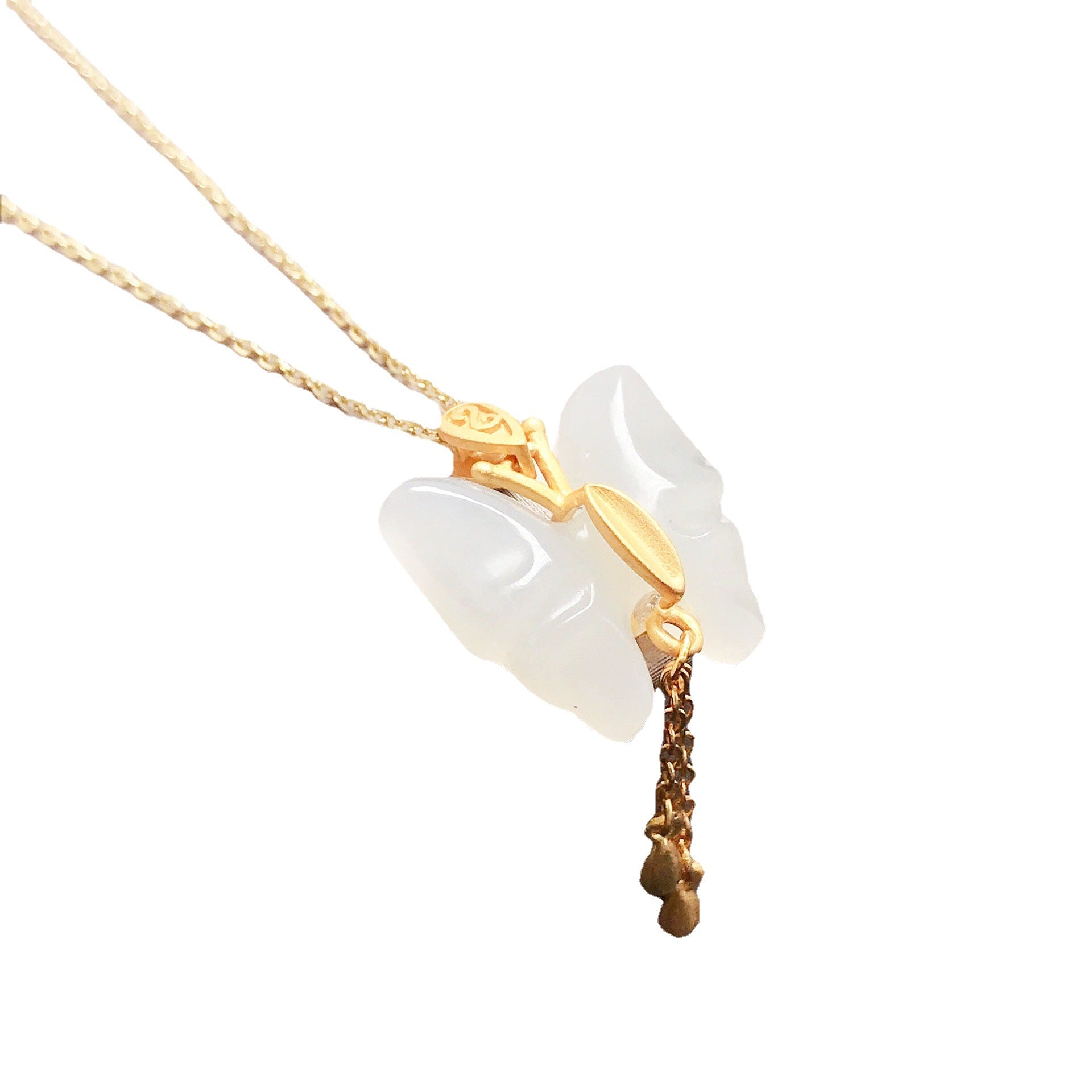 Gold Art  Gold-plated Hetian Jade Butterfly Necklace - A Tassel Pendant for Everyday Wear, Celebrations and Gifts