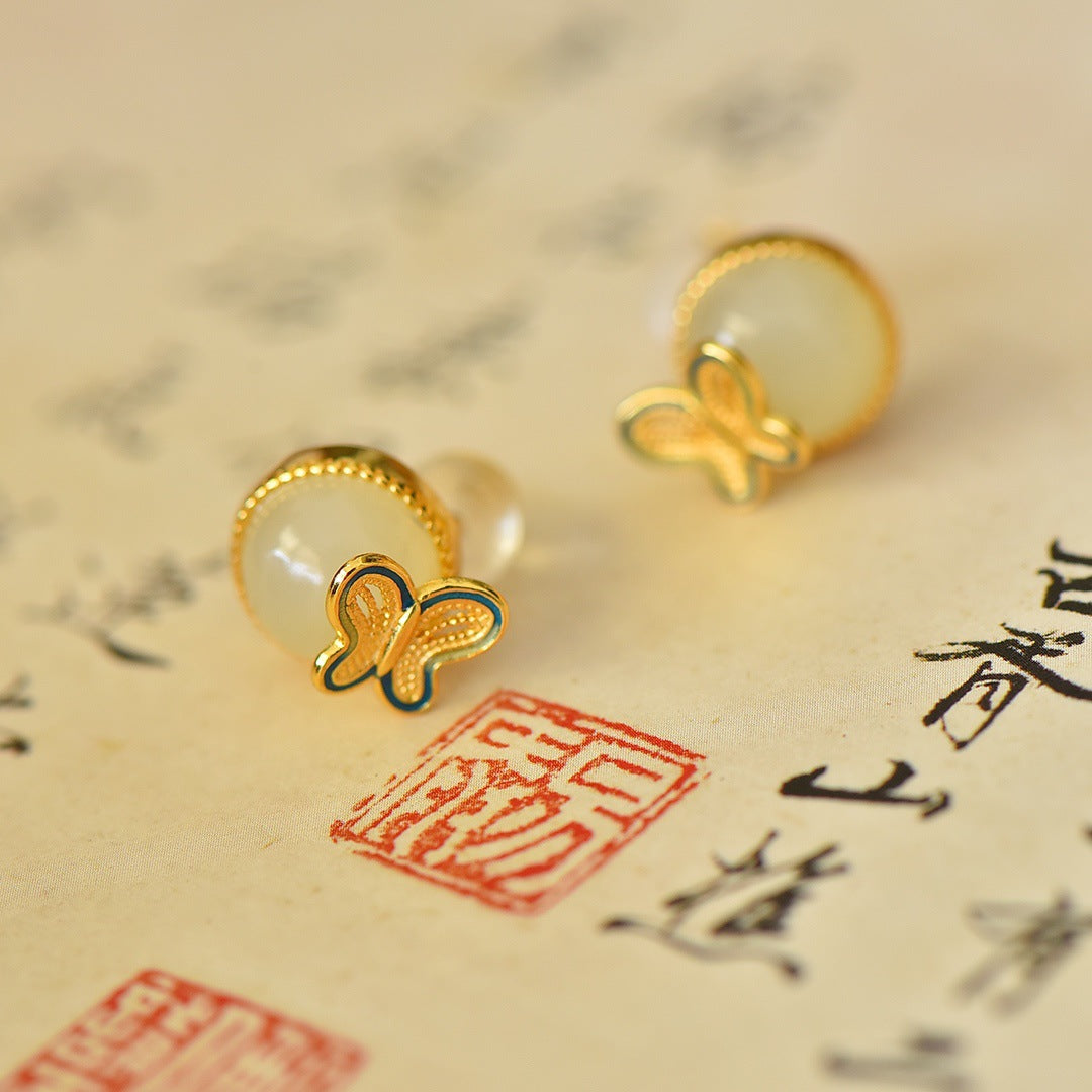 Gold Art Certified Hetian White Jade Enamel Butterfly Stud Earrings in 925 Silver Gold-Plating – Perfect for Everyday Style & Gifting