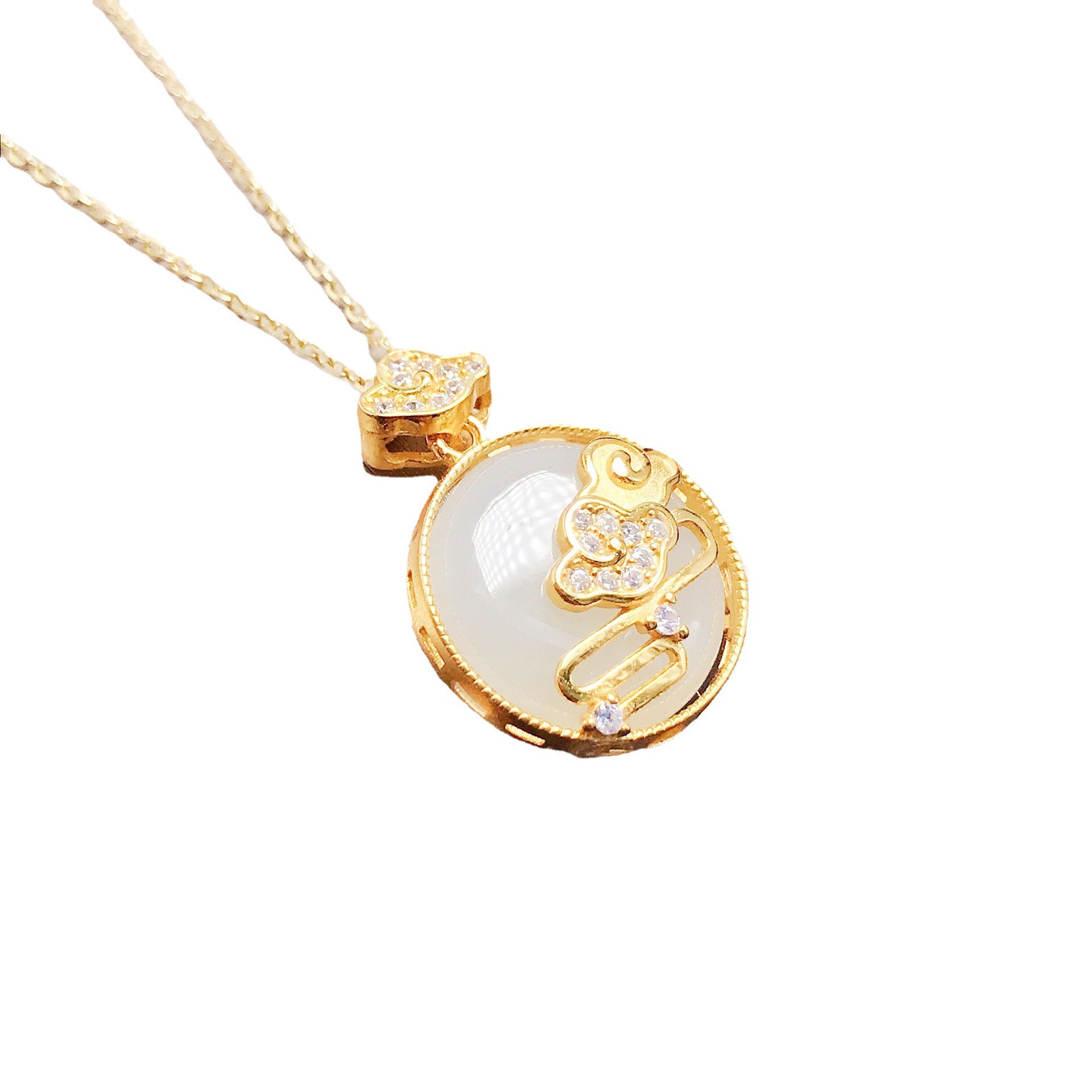 Gold Art Exquisite gold plated Hetian jade necklace - cloud design with cubic zirconia, suitable for daily wear or as a gift