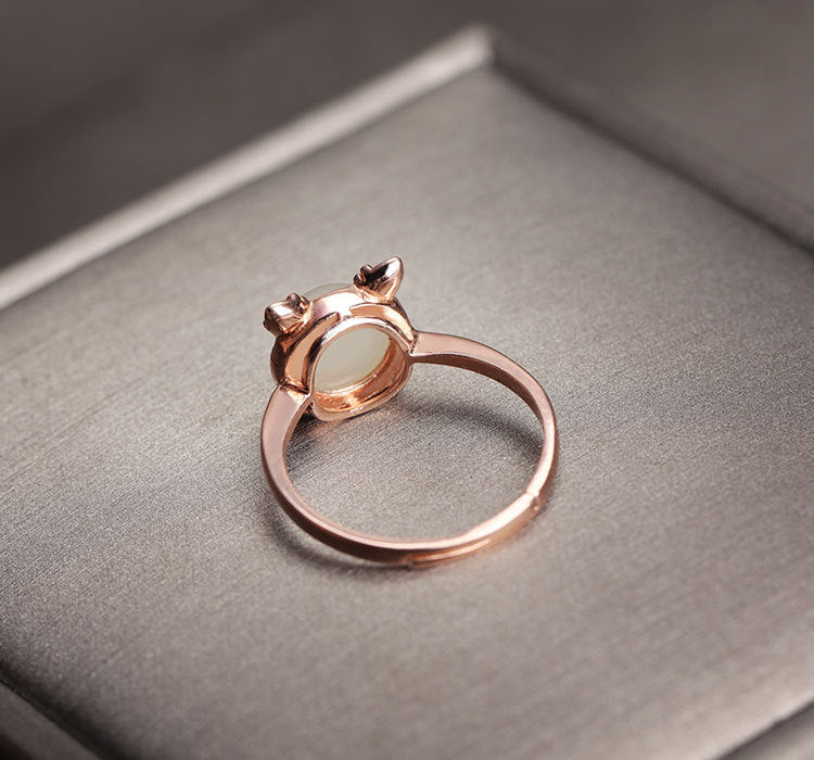 Gold Art  With appraisal certificate | 925 sterling silver with rose gold plated Hetian jade ring  Cute cat shape design | Natural jade + sweet and cute style, captures the hearts of girls!