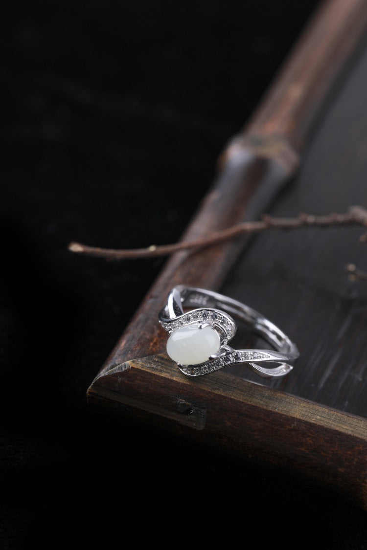 Gold Art With identification certificate | 925 sterling silver and Hetian jade open ring  Curved diamond design full of sense | Daily / gift / commuting all-round adaptation Natural jade + silver support color preservation Elegant and high-end feeling