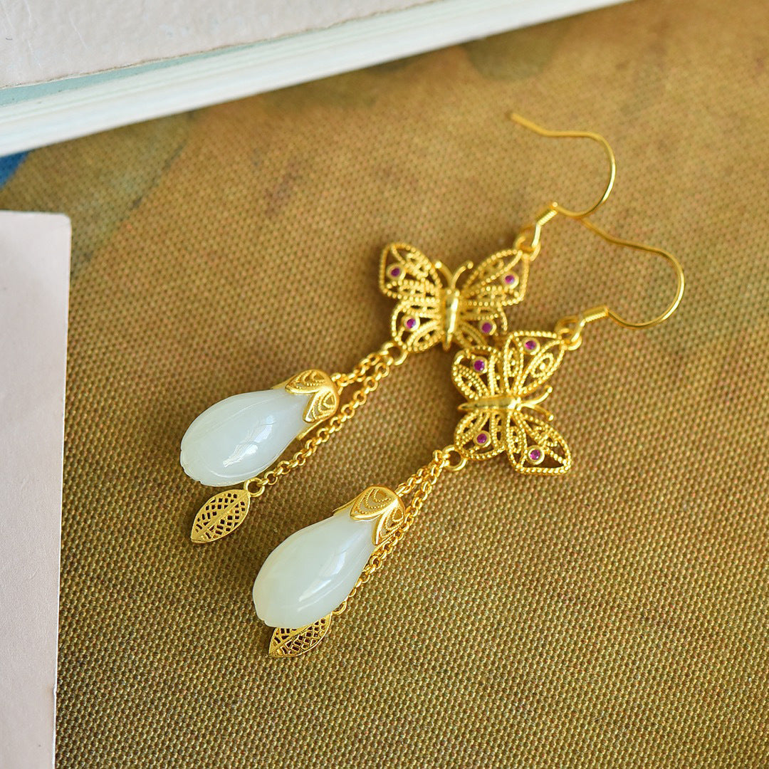 Gold Art Gold plated Nephrite jade drop earrings with butterfly and ruby details - perfect for everyday wear, events and gifts
