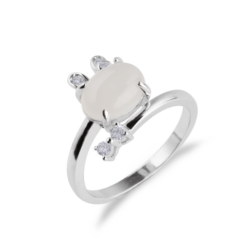 Gold Art With appraisal certificate｜925 sterling silver inlaid with Hetian jade cute rabbit ring  Diamond ear claw design is full of sense｜Daily / Dating / Natural jade + sweet and cute style, girly heart sniper!