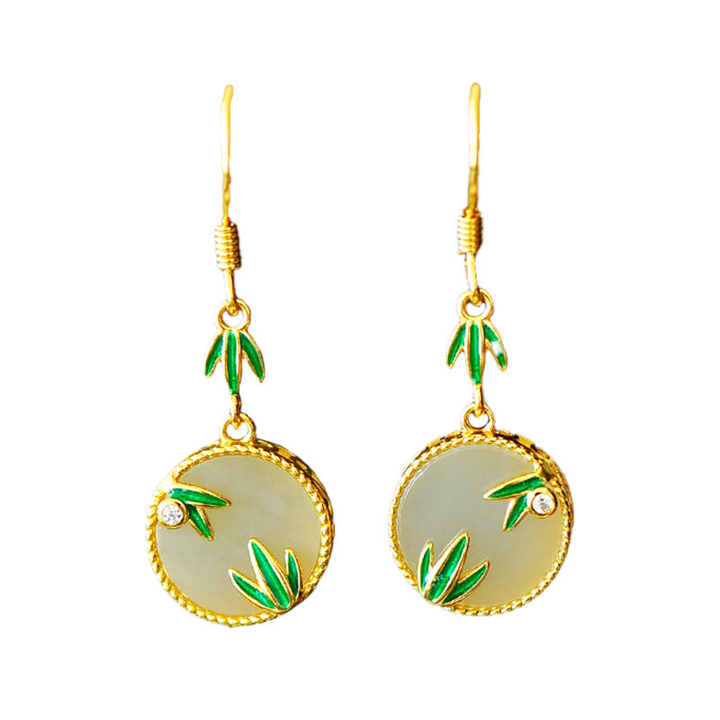 Gold Art Hetian Jade Gold-Plated Earrings with Green Enamel Bamboo – Versatile for Daily, Special Occasions & Gifting