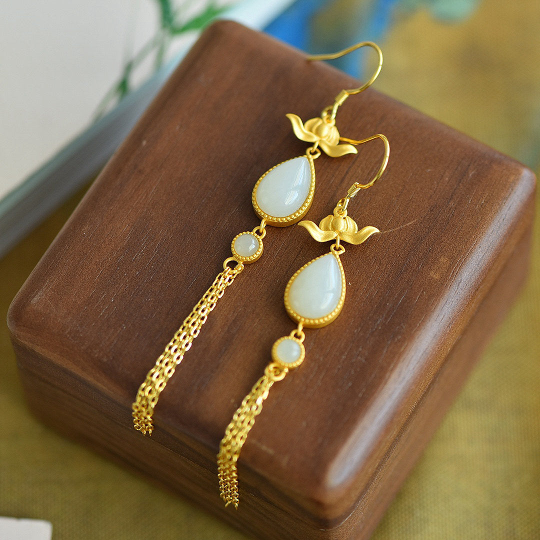 Gold Art  Natural Hetian jade water drop tassel earrings | Golden lotus shape with identification certificate Chinese Hanfu/dinner/daily commuting gift high-end jewelry