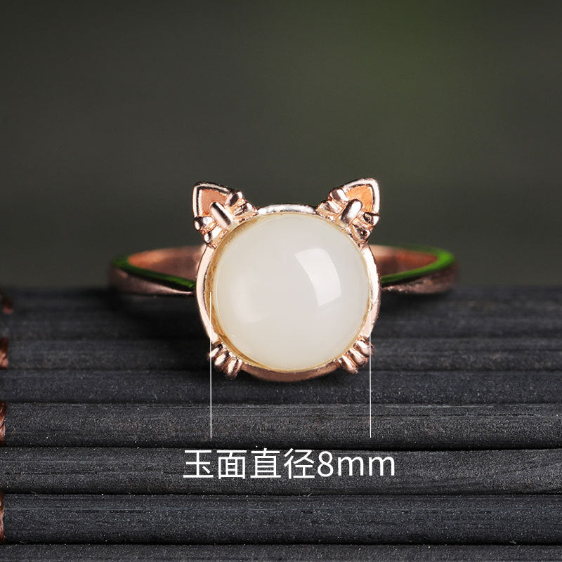 Gold Art  With appraisal certificate | 925 sterling silver with rose gold plated Hetian jade ring  Cute cat shape design | Natural jade + sweet and cute style, captures the hearts of girls!