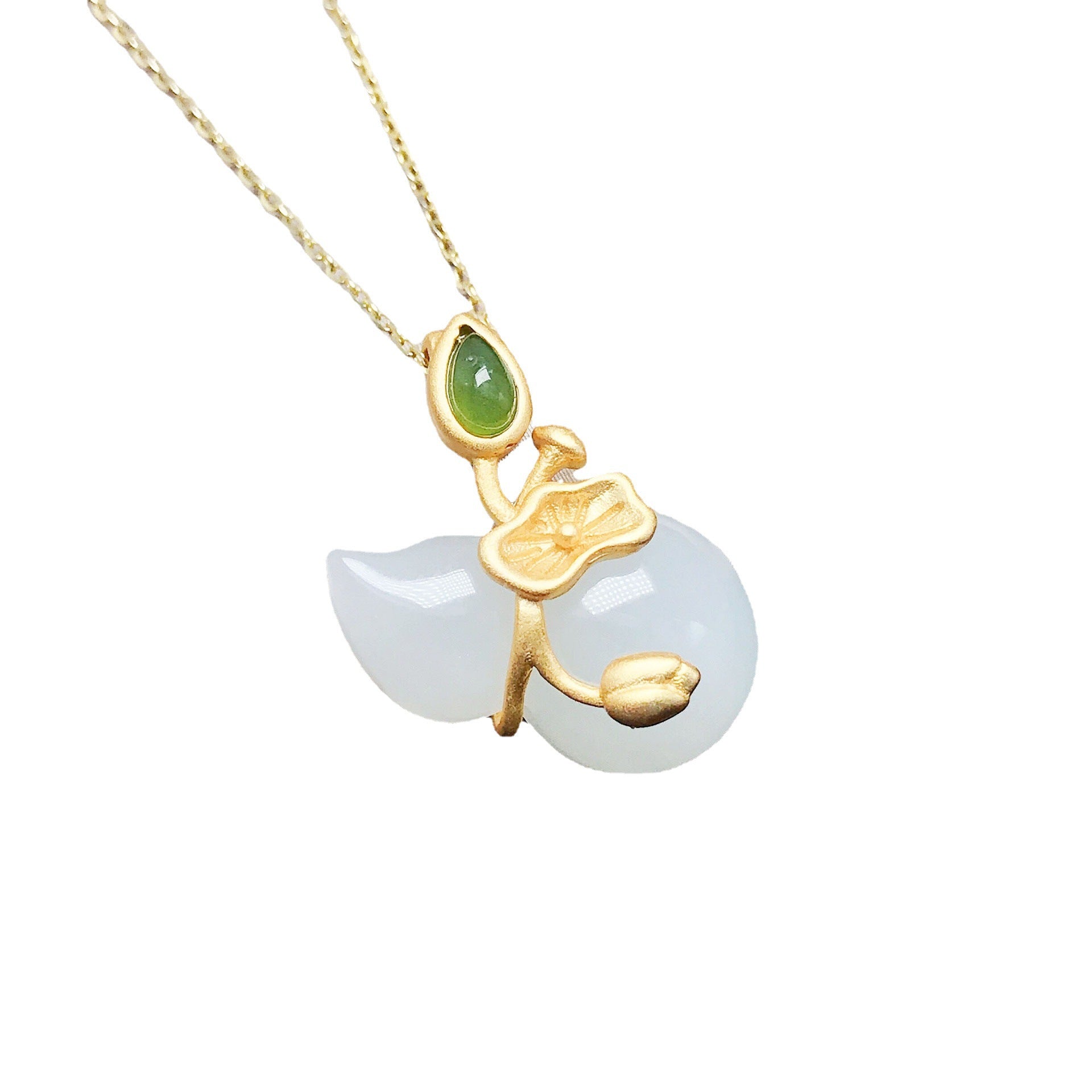 Gold Art Gold-Plated Hetian Jade Gourd Necklace with Lotus Accent – Perfect for Daily Wear & Gifting
