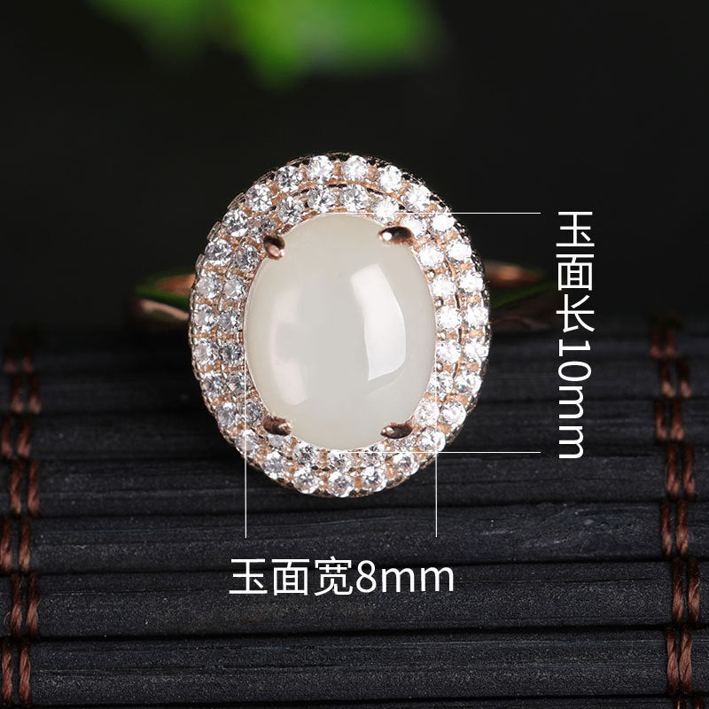 Gold Art With identification certificate｜925 sterling silver plated with rose gold and Hetian jade ring Double-layer diamond-studded oval egg-shaped design Natural jade light luxury texture Elegant and high-end