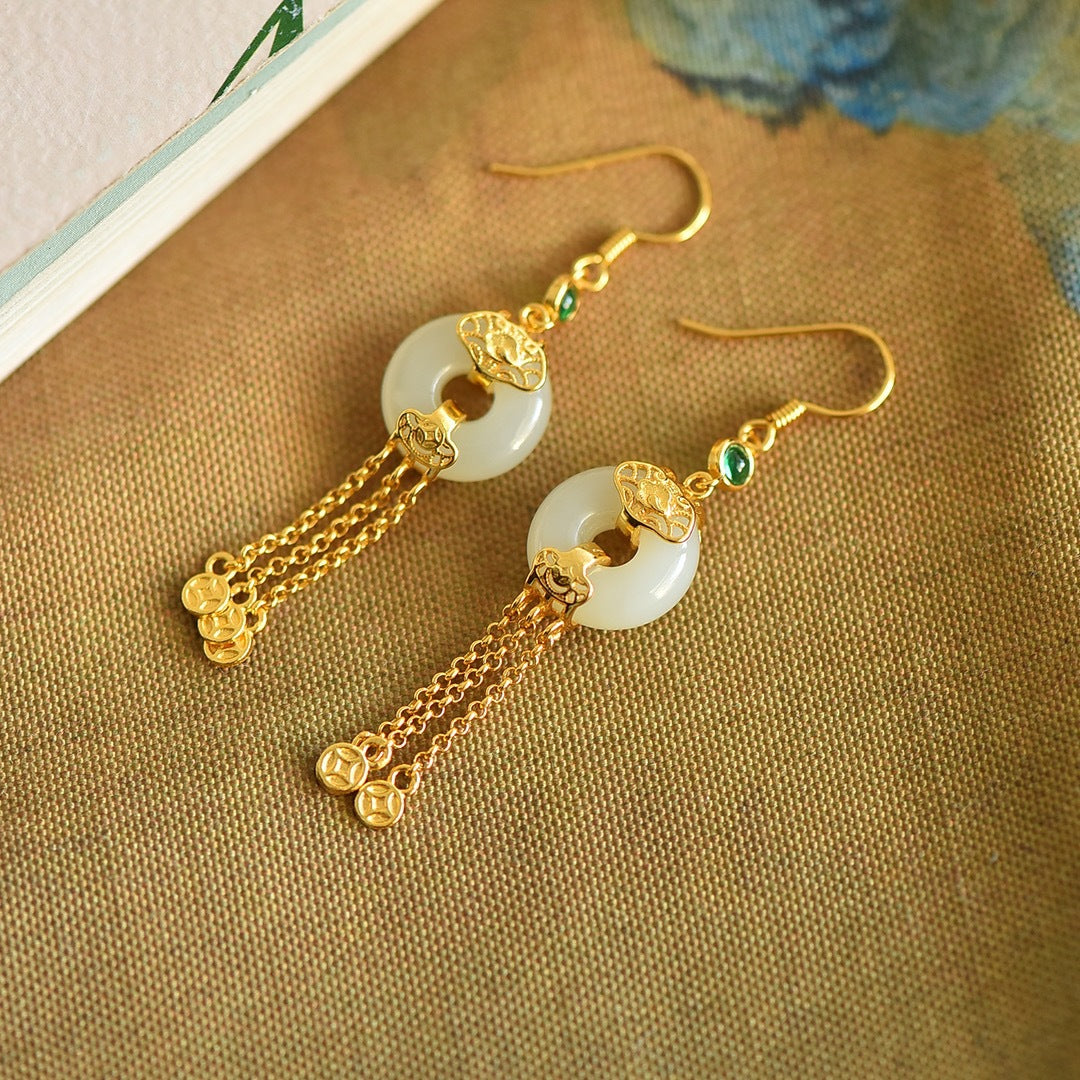 Gold Art Exquisite Gold Plated Hetian Jade Earrings - Tassel and Emerald, Suitable for Daily Wear and Gift Giving