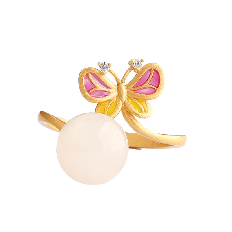 Gold Art  With identification certificate｜925 sterling silver gilt Hetian jade ring Enamel butterfly holding beads design｜Daily / Hanfu / Natural jade Wear the spring butterfly shadow on your fingertips