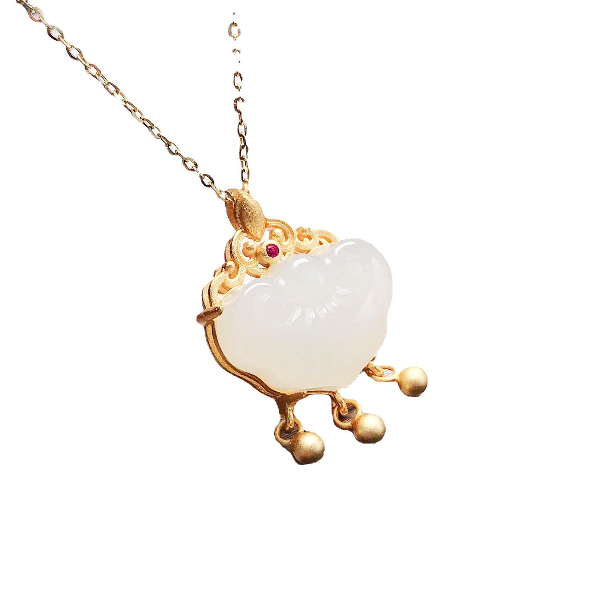 Gold Art Gold Plated Hetian Jade Longevity Lock Necklace with Ruby and Tassel Pendant - Perfect for Daily Wear and Gift Giving