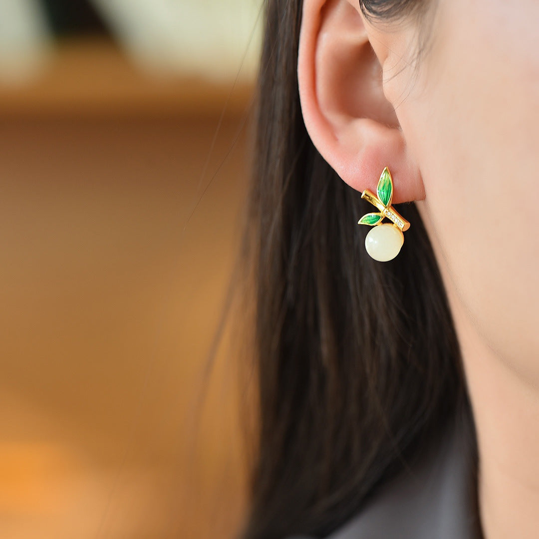 Gold Art Gold-plated Hetian jade stud earrings, certified enamel bamboo pattern + diamond details | Perfect for everyday elegant wear, cultural gifts and events