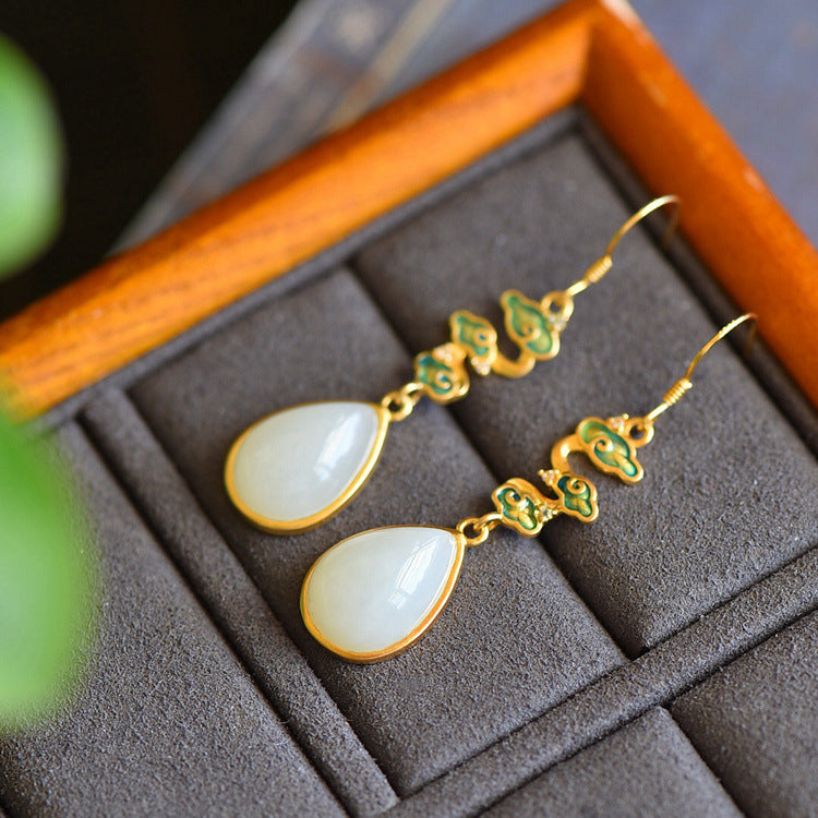 Gold Art  Enamel Auspicious Cloud Pattern Gold-plated Hetian Jade Earrings – Certified for Daily Wear and Gift Giving
