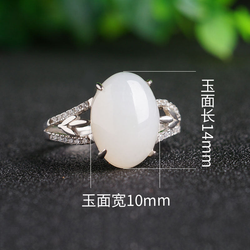 Gold Art With certificate of authenticity | 925 sterling silver and Hetian jade ring  0Arrow-shaped diamond-set large egg-shaped design | Suitable for daily use / banquets / gifts Natural jade + light luxury texture Elegant and high-end
