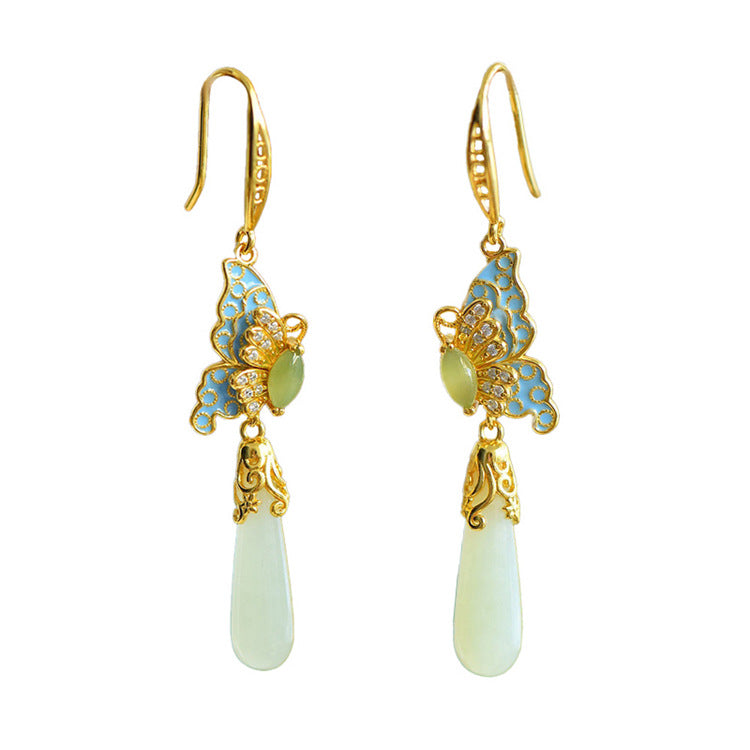 Gold Art Hetian Jade Gold Plated Butterfly Earrings - Enamel, Cubic Zirconia and Drop-Shaped Jade, Perfect for Everyday Wear, Celebrations and Gifts