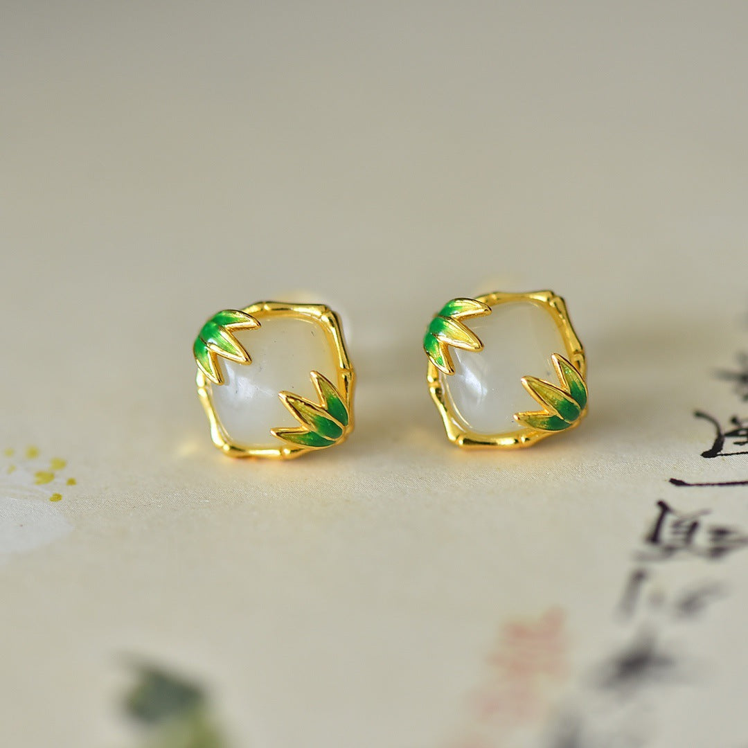 Gold Art New Chinese style Hetian jade bamboo stud earrings - 925 silver with gold plated, certified for daily wear, special occasions and gifts