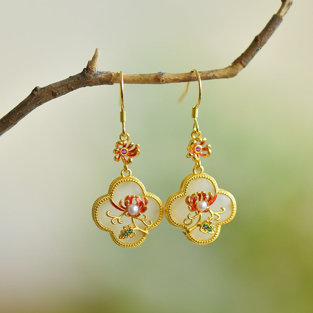 Gold Art Vintage Chinese style Hetian jade earrings - 925 silver gold plated, enamel bamboo, pearls and certified, suitable for daily and special occasions