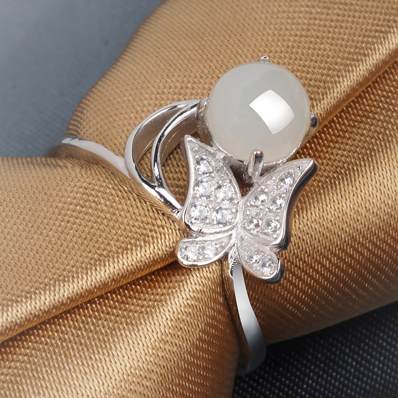 Gold Art [With certificate] 925 sterling silver and Hetian jade flower ring  Design sense bursting | Daily / dating / gift-giving all-round adaptation Natural jade + shining diamonds Elegant and not a hit