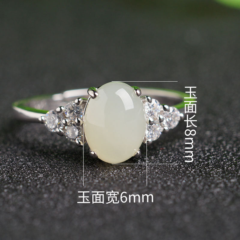 Gold Art With certificate | 925 sterling silver and Hetian jade egg-shaped ring  Classic diamond-set design | Suitable for daily use / gift giving / commuting Natural jade + silver support to preserve color Elegant and detailed