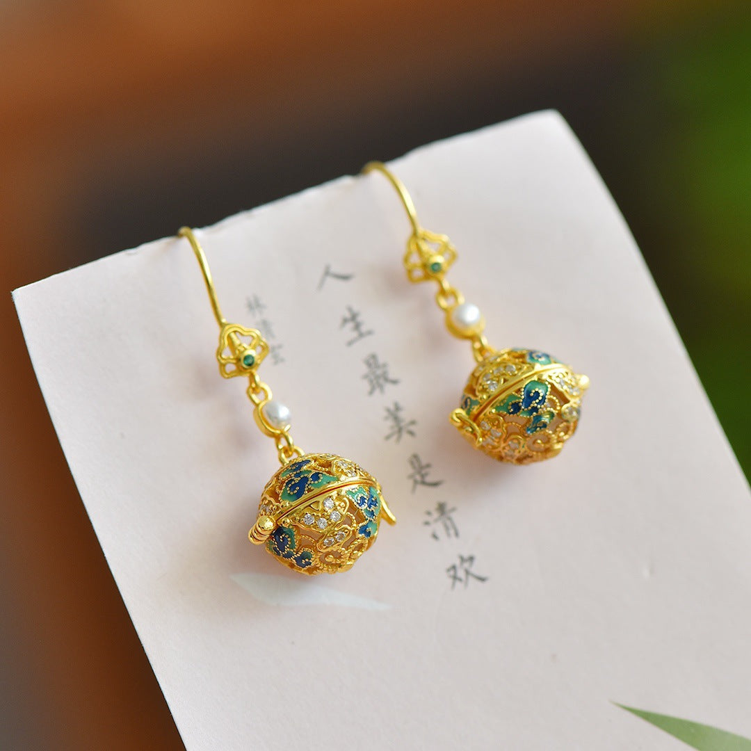 Gold Art Gold Plated Enamel Ball Earrings - Pearl and Cubic Zirconia Decoration, Perfect for Everyday Wear, Special Occasions and Gifts