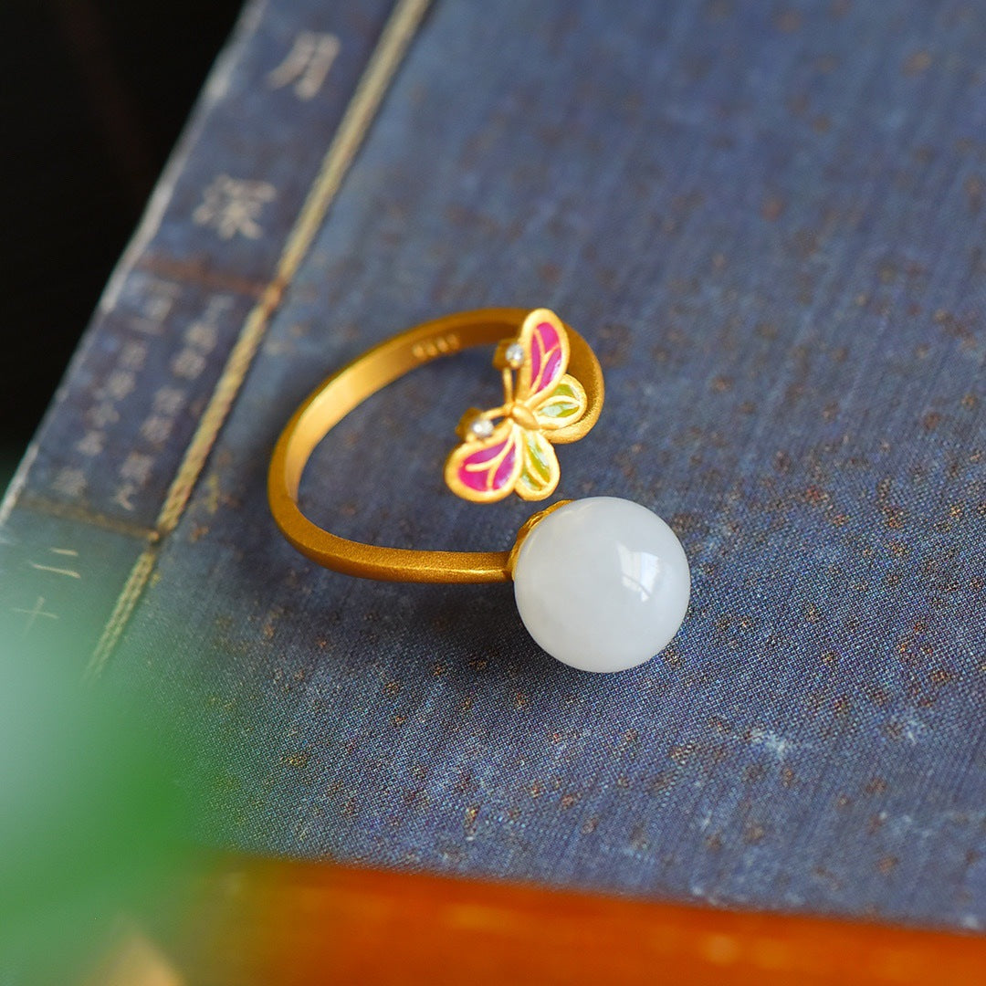 Gold Art  With identification certificate｜925 sterling silver gilt Hetian jade ring Enamel butterfly holding beads design｜Daily / Hanfu / Natural jade Wear the spring butterfly shadow on your fingertips