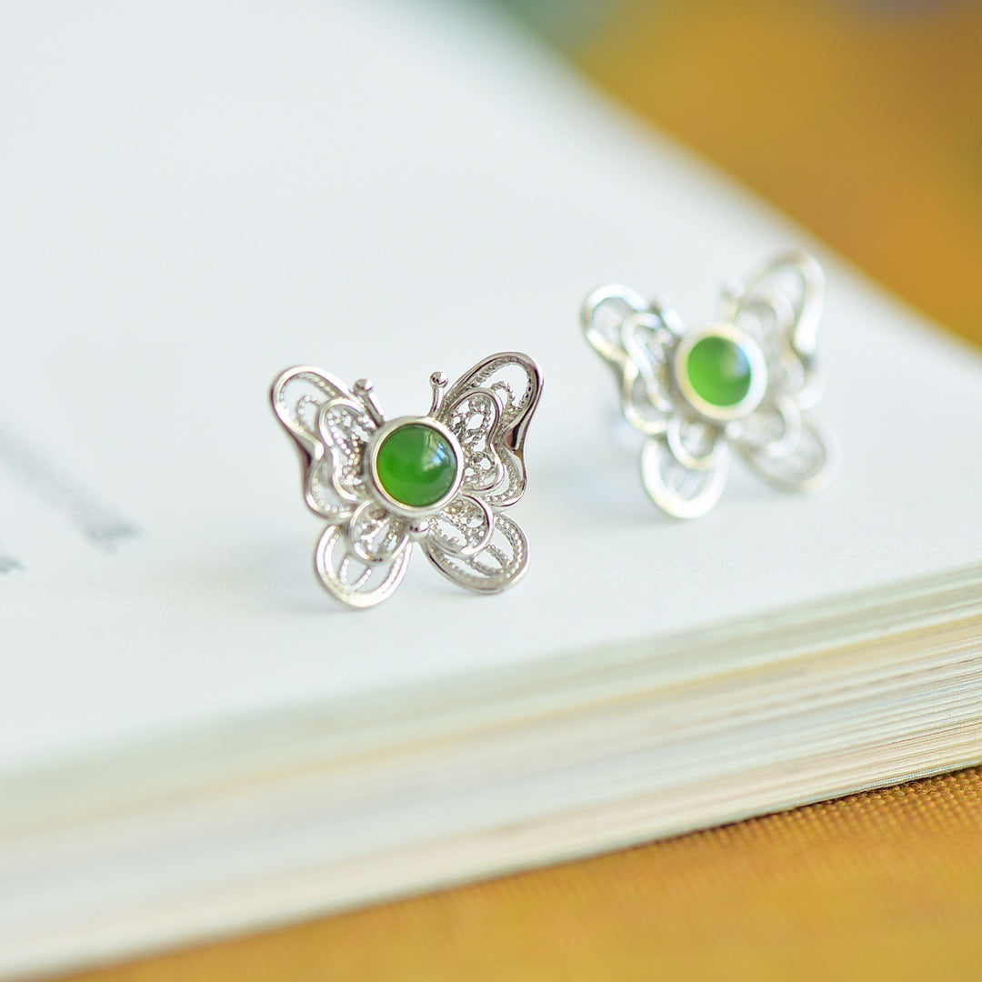 Gold Art Certified natural green jade butterfly stud earrings Gold plated artisan design | Elegant and chic, perfect for everyday wear, gift giving and special occasions