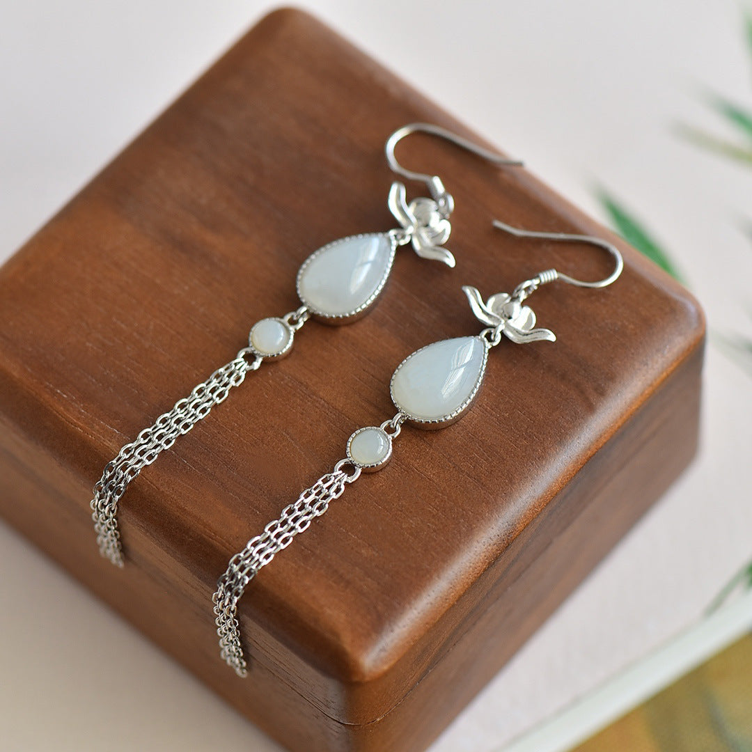 Gold Art  Natural Hetian jade water drop tassel earrings | Golden lotus shape with identification certificate Chinese Hanfu/dinner/daily commuting gift high-end jewelry