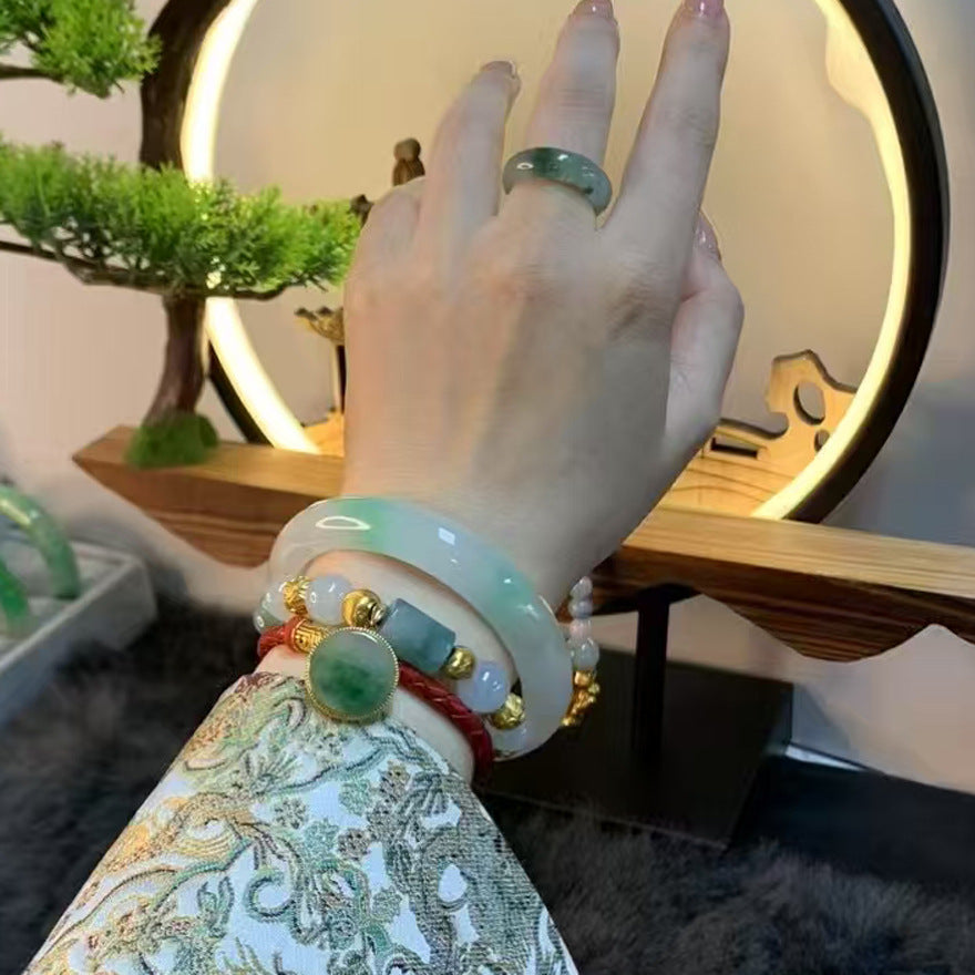 Gold Art Certificate of Authenticity Included | Burmese Jadeite Green Jade Bracelet  Ice Flower Relief Design | Perfect for everyday wear, banquets, or gifts. Natural jade for a luxurious feel.