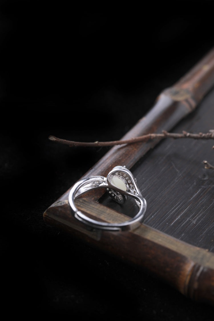 Gold Art With identification certificate | 925 sterling silver and Hetian jade open ring  Curved diamond design full of sense | Daily / gift / commuting all-round adaptation Natural jade + silver support color preservation Elegant and high-end feeling